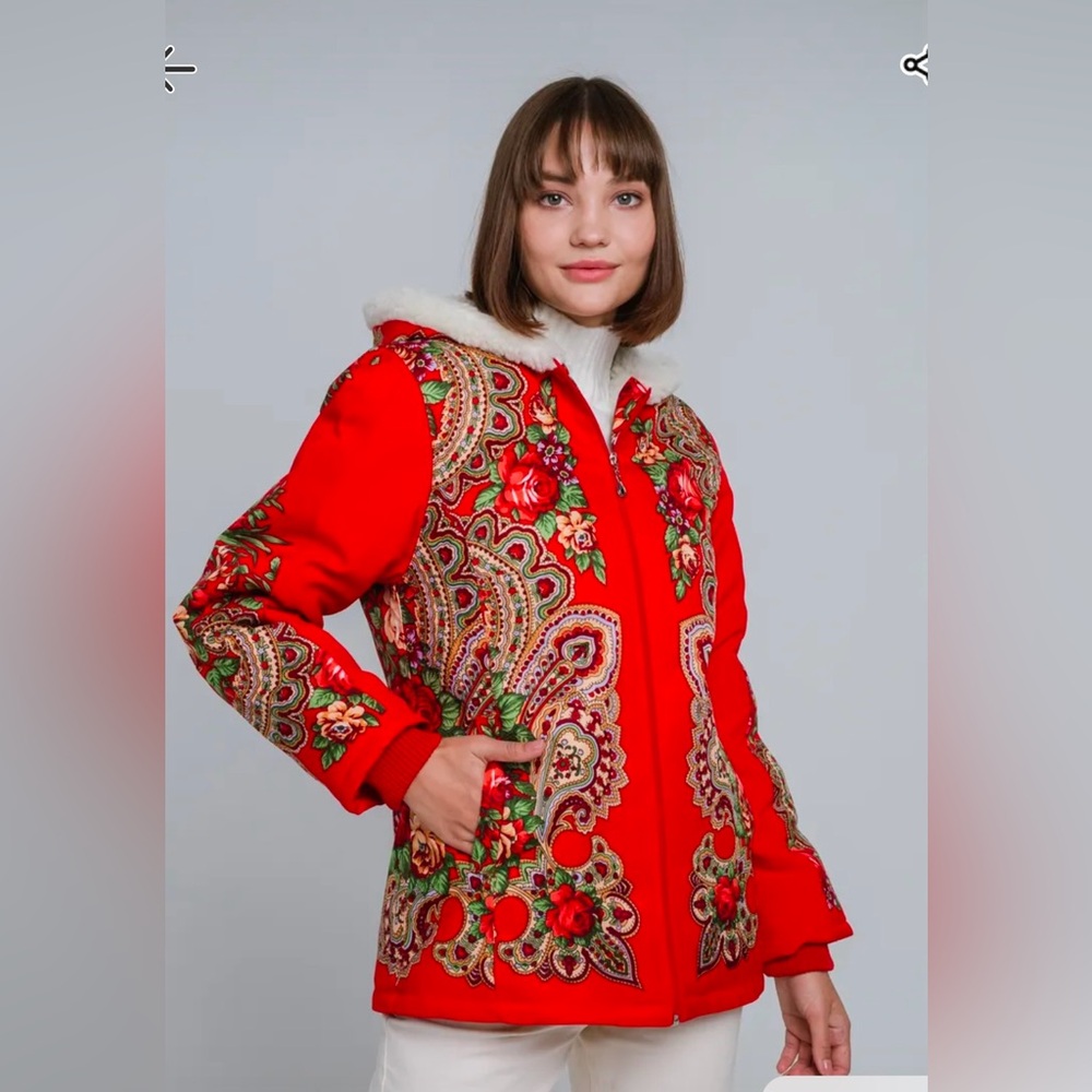 Floral roses scarf print shearling lining zipped coat with pockets size L new